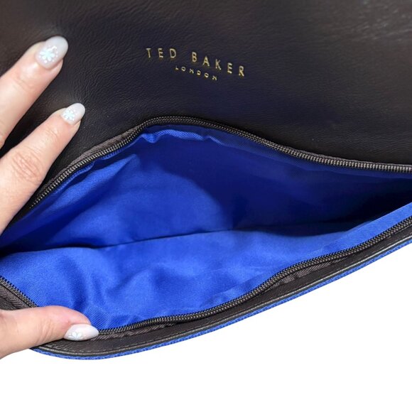 Ted Baker London Messenger Bag Brown Faux Leather Crossbody Blue Stripe Zipper - Picture 10 of 11